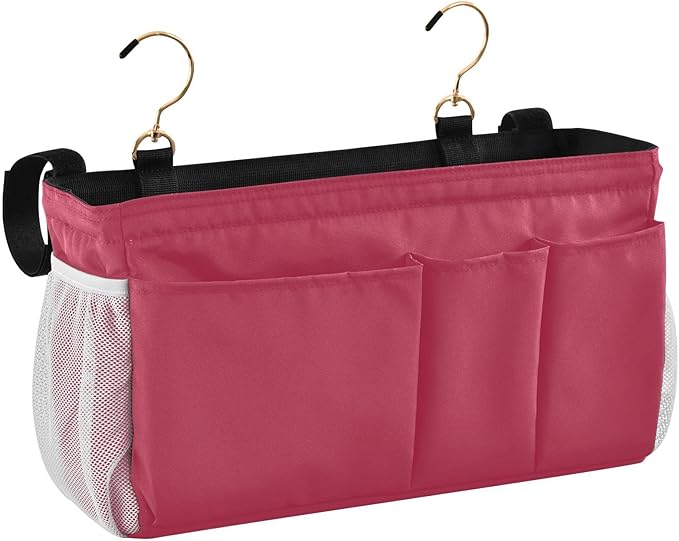 KOPIRIT Strawberry Red Bedside Caddy Storage Bag Bedside Organizer for College Dorm Top Bunk Bed Organizer Caddy Hanging Shelf 6 Pockets with Hooks for Glasses Book Tablet Holder