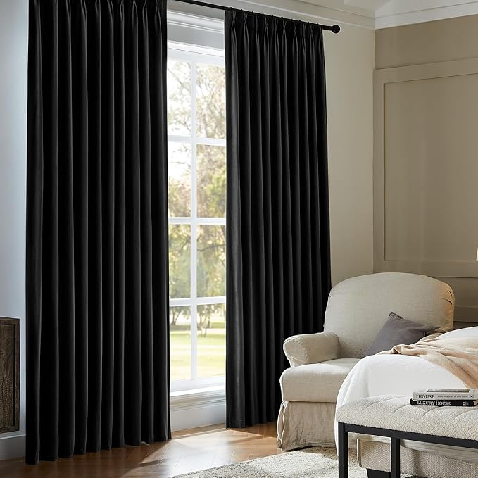 Pinch Pleated 100% Blackout Curtains for Bedroom, Black Velvet Curtains for Living Room, Black Out Curtain 86 inch Long Room Darkening, Blackout Pinch Pleat Drapes with Hooks 2 Panels