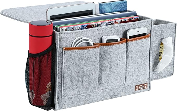 Bedside Caddy, Large Size Bedside Storage Organizer Bedside Organizer Caddy for Magazine Remotes Phone (13.4'' x 18.1'' Tissue box holder, Light Grey)