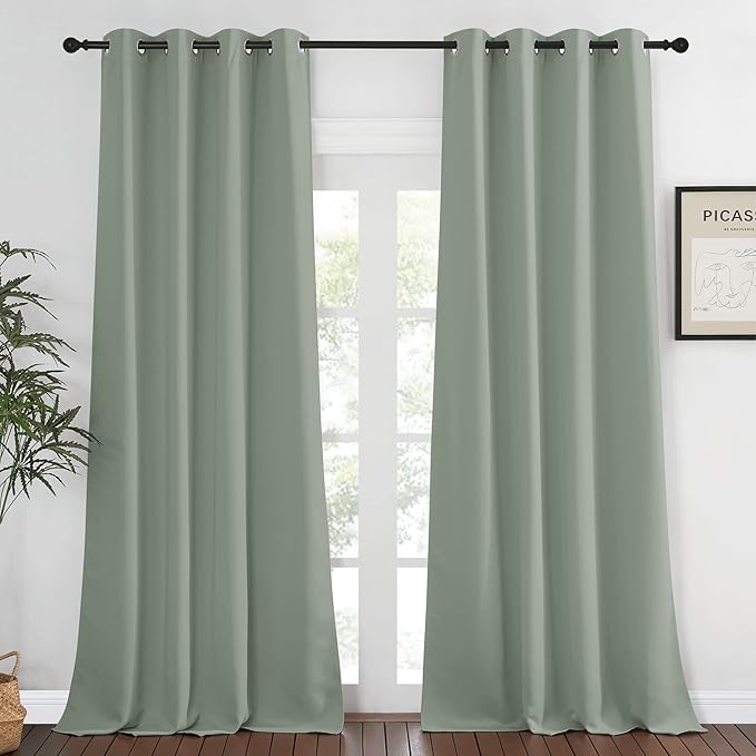 NICETOWN Blackout Sage Green Curtain for Windows 120 inch Long - Thermal Insulated Solid Grommet Room Darkening Drape Sound Reducing for Bedroom/Living Room (1 Panel, W52 x L120)