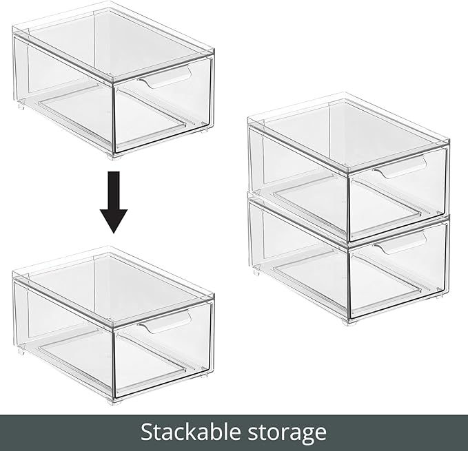 mDesign Stackable Storage Containers Box with Pull-Out Drawer - Stacking Plastic Drawers Bins for Kitchen Pantry and Cupboard, Cabinet, Counter, Island and Tables - Lumiere Collection - 4 Pack - Clear
