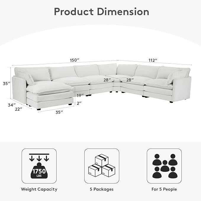 ROWHY 150'' Modular Sectional Corner Cloud Couch, 7 Seater Sofa Big Comfy Corduroy V Shaped Couch with 4 Throw Pillows, Movable Ottoman, Couches for Living Room Office Light Grey