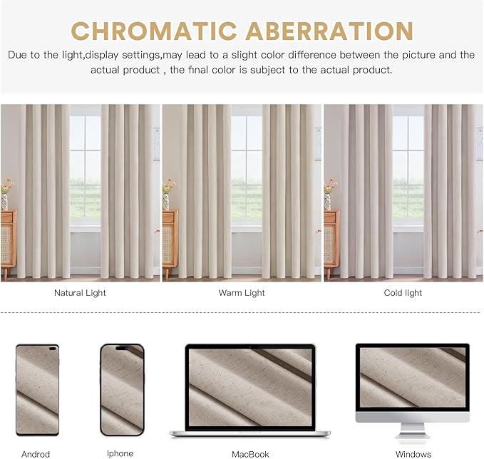 PrinceDeco Thick Linen Blackout Curtains Room Darkening Curtains 84 Inch Length Black Out Curtains for Bedroom Cold and Full Light Blocking Drapes with White Liner Grommet(2 Panels,Heathered Natural)