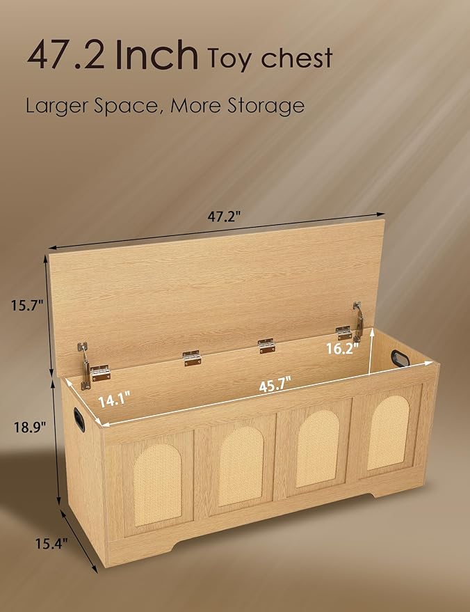 DINZI LVJ Storage Chest, 47.2" Rattan-Like Toy Box with 2 Safety Hinges, Wooden Entryway Storage Bench with Flip-Top, Large Trunk for Living Room, Bedroom, Easy Assembly, Natural