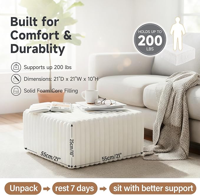 Tiita Suqre Stuffed Pouf Ottoman, Stripe Poufs 21×21×10 inch with Foam Chunk Filling, Floor Bean Bag Floor Chair Storage for Living Room Bedroom Home Decor, Beige