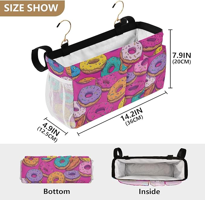 Bedside Caddy Hanging Bunk Bed Caddy Bed Organizer Hanging Pocket with 2 Hooks Bedside Storage Organizer Pocket Bag Holder Cute Donuts Colorful
