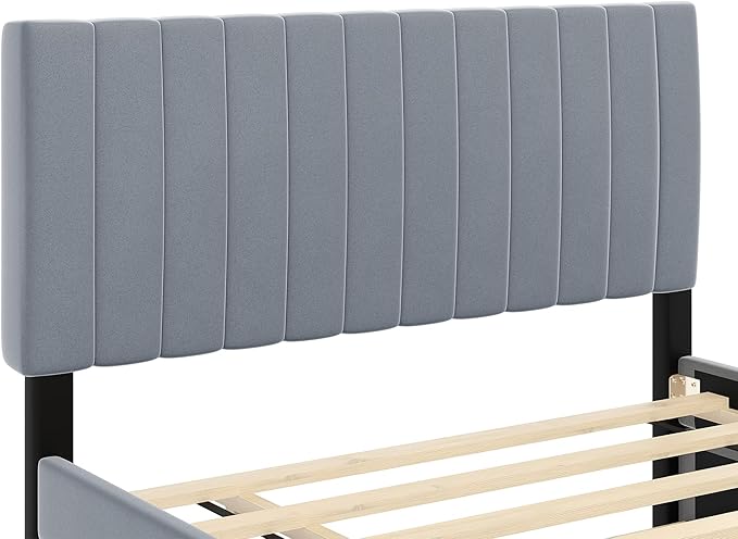 Full Bed Frame with Trundle Bed,Velvet Upholstered Platform Bed Frame,Full Size Trundle Bed with Headboard for Kids Teens Adults(Gray)