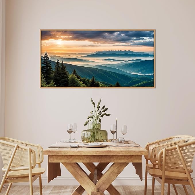 LHIUEM Large Nature Mountain Sunrise Framed Canvas Wall Art, Modern Misty Tree Wall Decor, Boho Forest Green Landscape Artwork, 20"x40"x1