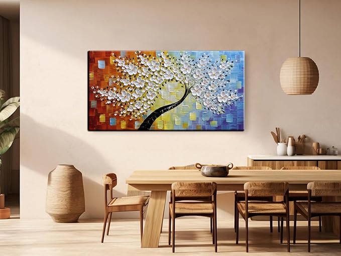 YaSheng Art -Handmade Colorful 3D Flowers Art Oil Painting On Canvas Texture Palette Knife Tree Paintings Modern Abstract Canvas Wall Art Home Interior living room Bedroom Decor Art 24x48inch