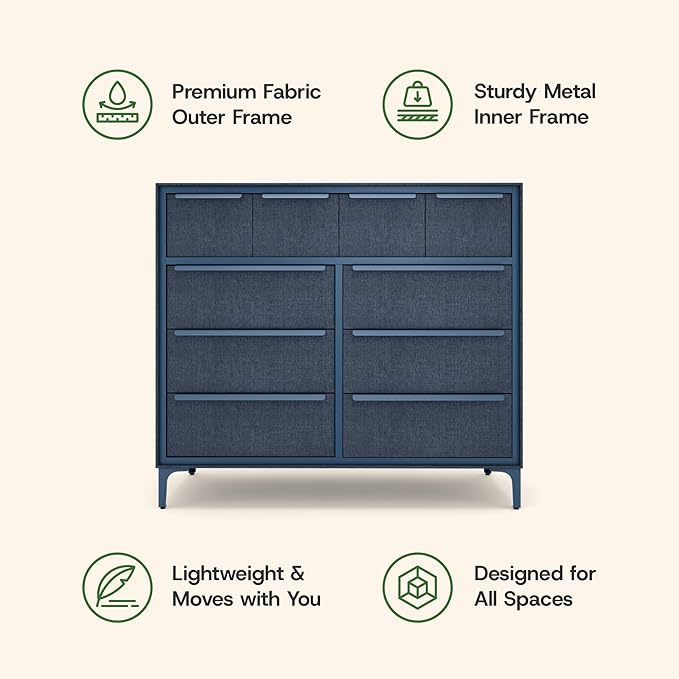 Naima Premium Fabric Dresser - Strong Metal Frame, 10 Spacious Sag-Proof Drawers with Sleek Metal Handles - Premium & Durable Storage Solution for Your Home (Navy)