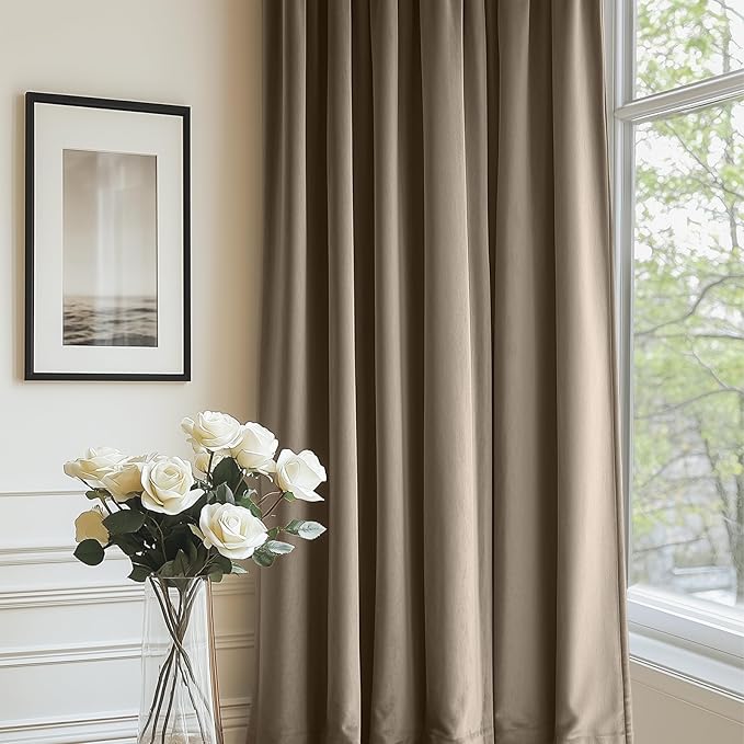 Lazzzy Velvet Blackout Curtains Thermal Insulated Room Window Drapes Super Soft Luxury Curtains for Living Room Bedroom Rod Pocket 2 Panels, Light Taupe, 52" W x 90" L