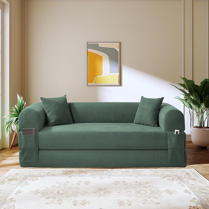 80" Convertible Sofa Bed,Corduroy Folding Sleeper Sofa Bed Queen with Pillows & Storage,Modular Pull Out Couches Boneless Couch for Living Room,Compressed Couch in a Box,Light Green
