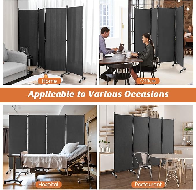 GOFLAME 4 Panel Folding Room Divider, 6FT Rolling Privacy Screen with Lockable Wheels, Portable Room Partition Screen, Freestanding Wall Divider and Separator for Home Office, Grey