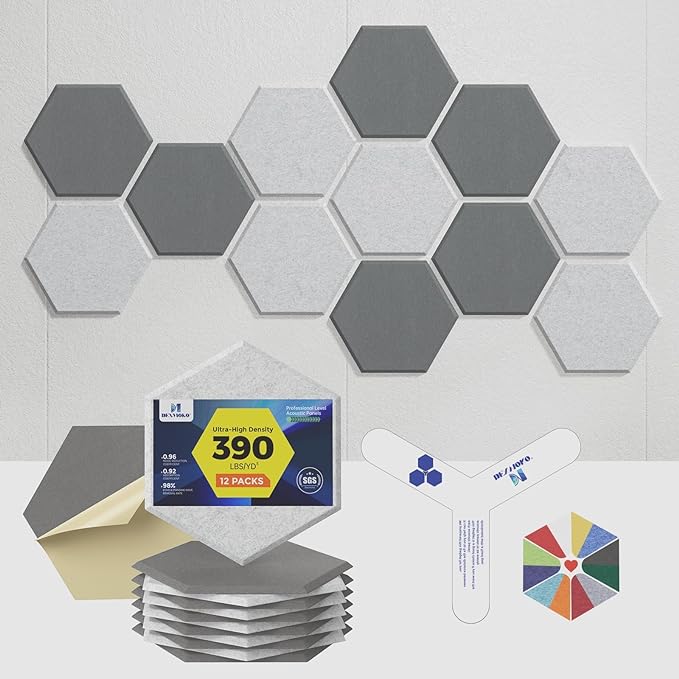 Self-Adhesive Acoustic Panels [390 lbs/yd³ Ultra-High Density], 2nd Generation Sound Absorbing Panel, Professional Level Sound Panel, Polyester Soundproof Foam [Size M, MoonGrey & SilverGrey]