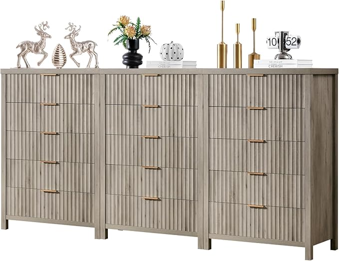 5 Drawers Dresser for Bedroom, 44 Inches Tall Modern Bedroom Dressers, Chest of Drawers for Bedroom, Fluted Dresser for Closet Organizer for Living Room, Hallway, Entryway (Grey Oak, 3 Pieces)
