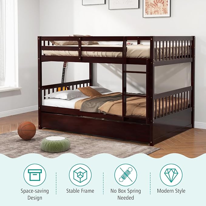 Giantex Full Over Full Bunk Bed with Trundle, Solid Wood Trundle Bed Frame w/Guardrails and Ladder, Convertible to 2 Beds, Full Size Bunk Beds for Adults Kids Teens, No Box Spring Needed,Espresso