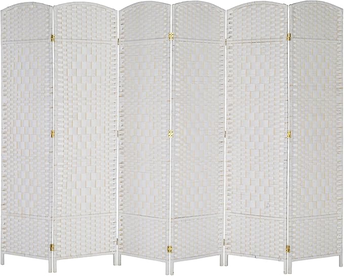 VINGLI 6-Panels Tall Rattan Room Divider, 6 FT Folding Privacy Screen, Indoor Partition Wall Dividers, Freestanding Hinged Space Separator (White)