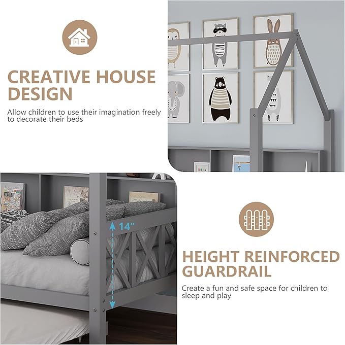 Twin House Bed with Trundle Bed and Roof for Kids, Wooden Twin Size Bed Frame with Storage Shelves Guardrails Wood Slats, Headboard for Boys Girls, No Box Spring Required, Gray