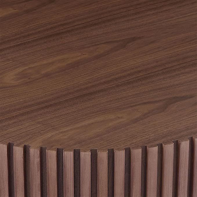 LKTART Round Coffee Table for Living Room, Accent Fluted Drum Coffee Table with Storage, Modern Solid Wood Circle Center Tea Table for Small Space Apartment (31.5''D×14''H-Walnut)