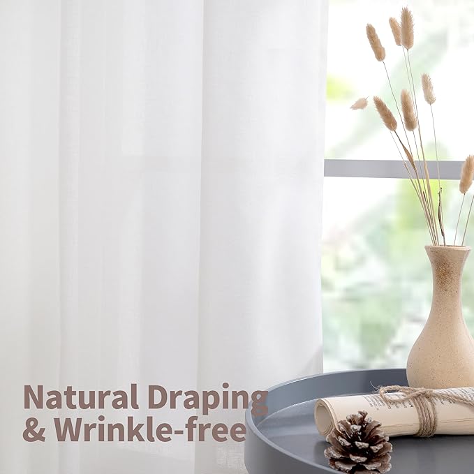 YoungsTex White Linen Semi Sheer Curtains 63 Inch Length 2 Panels, Grommet Light Filtering Drapes Textured Window Treatments for Bedroom Living Room Lightweight, 42 X 63 Inch
