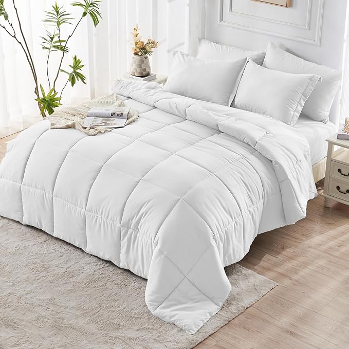 JOLLYVOGUE California King Comforter Set, Ultra-Soft Bed in a Bag Cal King Size 7 Pieces, Oeko-TEX Certified Bedding Set with Down Alternative Comforter, Sheets, Pillowcases & Shams, White