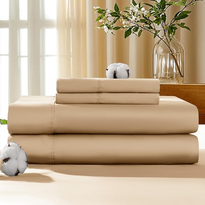 LBRO2M 100% Cotton Sheets Set Deep Pocket 19", 1000 Thread Count King Size 4 Piece Bed Sheet Sets Soft Comfortable Bedding All Season (King, Cream)