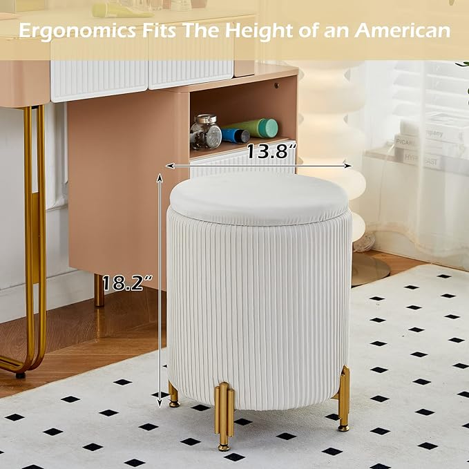 Mxfurhawa Round Ottoman Foot Stool with Storage and Metal Legs for Living Room Bedroom, Velvet Upholstered Footrest Stool Support 300lbs Modern Padded Seat Ottoman Coffee Table (Cream)