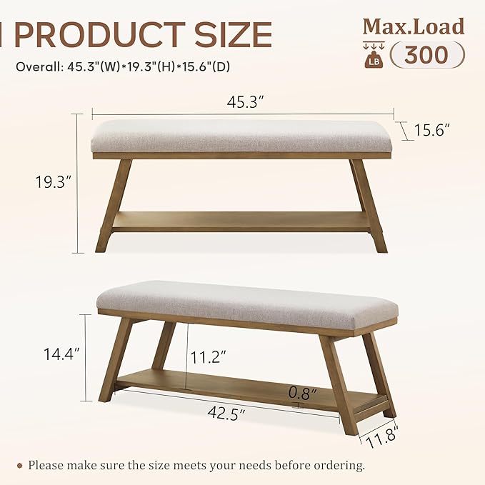 45" Entryway Bench Upholstered Storage Bench for Bedroom Shoe Rack Bench for Living Room, Hallway, Mudroom, Balcony, Sturdy Indoor Bench Seat Holds Up to 300 lbs (Light Grey)
