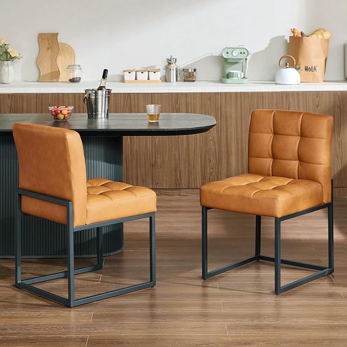 Brown Faux Leather Dining Chairs Set of 2, Mid-Century Modern Dining Room Chairs with Armless, Checkered Kitchen Chair with Metal Legs