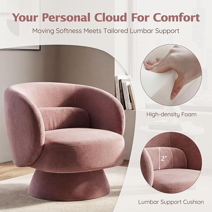 Swivel Accent Chair, Modern 360 Degree Swivel Barrel Chair with Arms & Curved Back and Lumbar Support Cushion, Comfy Round Single Sofa for Small Space, Living Room, Bedroom, Old Rosa Rayon