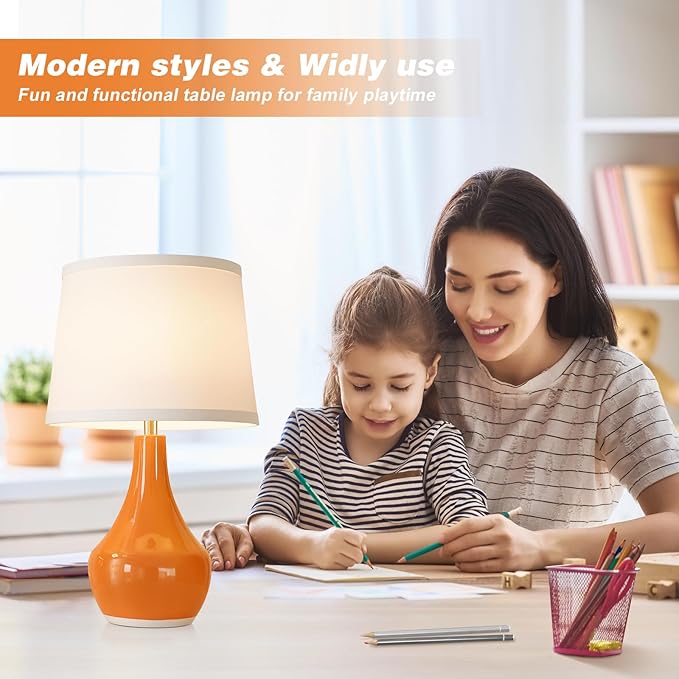 Seealle Modern Ceramic Table Lamps for Night Stands - Bedside Lamps Set of 2 for Nightstand,Orange Bedroom Lamp for Living Room Cute Desk End Table Office Guest Room Dresser Rocker Swtich