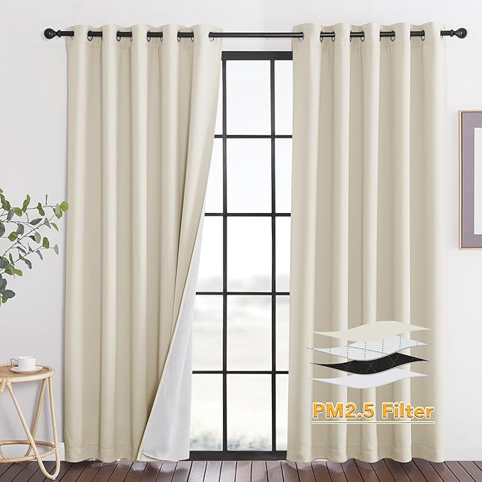 RYB HOME Dustproof Curtains for Large Window, Soundproof Thermal Insulated Blackout Curtains for Sliding Glass Door Furance Office Dorm Bedroom Living Room, Beige, W62 x L84 inch, 2 Panels