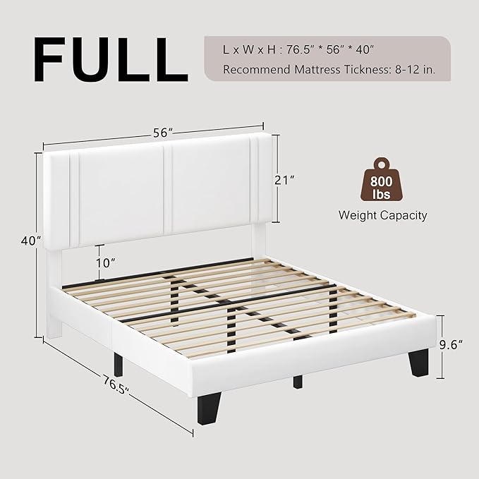 Upholstered Full Size Bed Frame with Velvet Fabric Headboard, Strong Wooden Slats Support, Noise Free, No Box Spring Needed, White