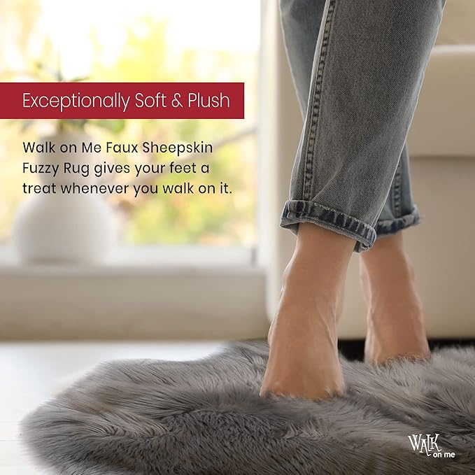 Walk on Me Gray Faux Fur Sheepskin Rug: Ultra Soft, Super Thick, Fluffy 2x3 Feet Pelt for Living Room, Bedroom, or Office, Acrylic, Latex, Non-Slip