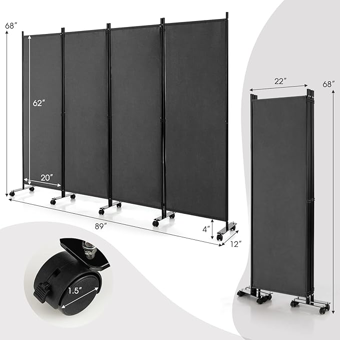 GOFLAME 4 Panel Folding Room Divider, 6FT Rolling Privacy Screen with Lockable Wheels, Portable Room Partition Screen, Freestanding Wall Divider and Separator for Home Office, Grey