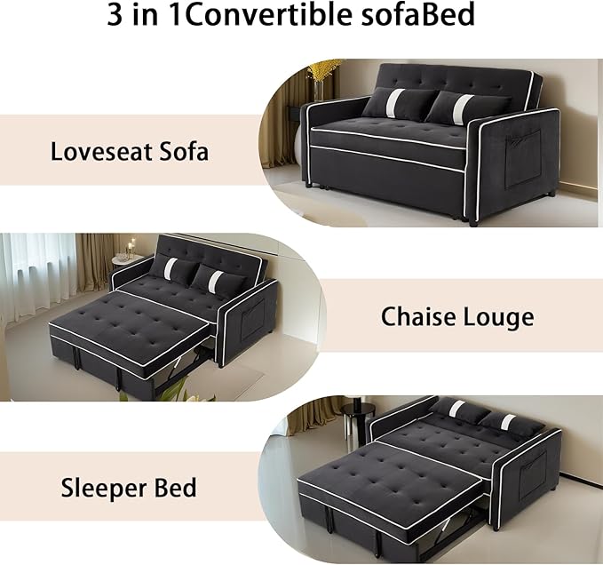 Convertible Sofa Bed, 3-in-1 Loveseat Futon Sofa Bed with 3-Position Adjustable Backrest & Side Pocket, Modern Velvet Fabric Pull Out Couch for Living Room, Small Spaces (Black)