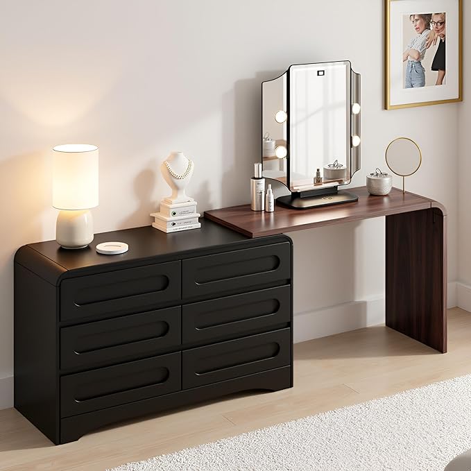 6 Drawer Dresser with Extendable Table, L-Shaped Desk Vanity Combo, 47" Wood Dresser & Chest of Drawers, Modern Closet Clothes Storage Dressers Organizer for Bedroom Living Room Hallway, Black