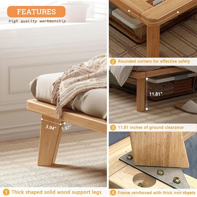 Twin-XL Platform Bed Base - 14 Inch Solid Wood Mattress Foundation with Support Slats and Legs, Twin XL Size Rubberwood Simple Bed Frame