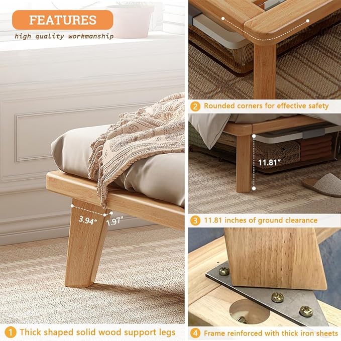 King Platform Bed Base - 14 Inch Solid Wood Mattress Foundation with Support Slats and Legs, King-Size Rubberwood Simple Bed Frame
