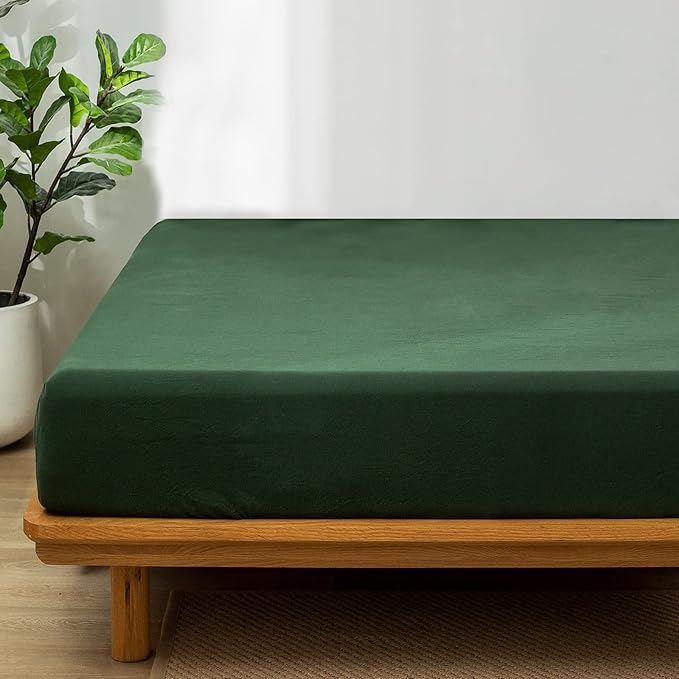 MooMee Fitted Bottom Sheet Only 100% Washed Cotton Linen Like Textured Breathable Durable Soft Comfy Deep Pocket Fits Mattress up to 17" (Forest Green, King)