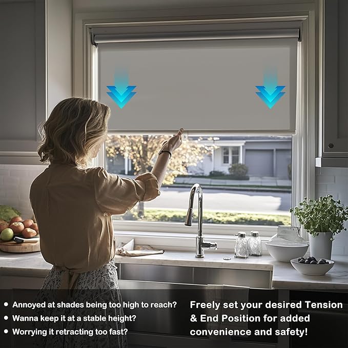HESTIA No Drill Cordless Blackout Roller Shades Screwless Waterproof Shower Window Blinds, Auto-Retraction Easy Install Blind for Bathroom/Kitchen/Office/Exterior, Grey, 22" W x 54" H