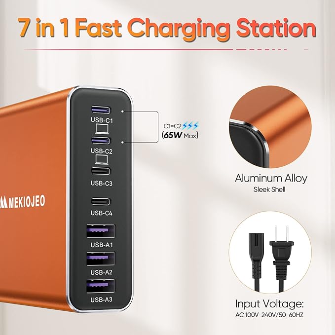 Aluminum Alloy USB C Charger GaN Charger Fast USB C Charging Station 7 Ports 65W Laptop for MacBook Pro/Air/iPad Pro/iPhone (Orange-4C3A)