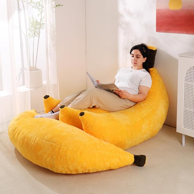 Banana Bean Bag Chair with Ottoman, Floor Sofa Bed with Footrest, Comfy Convertible Lounger for Adults, Plush Couch for Bedroom, Living Room or Dorm, L-Yellow