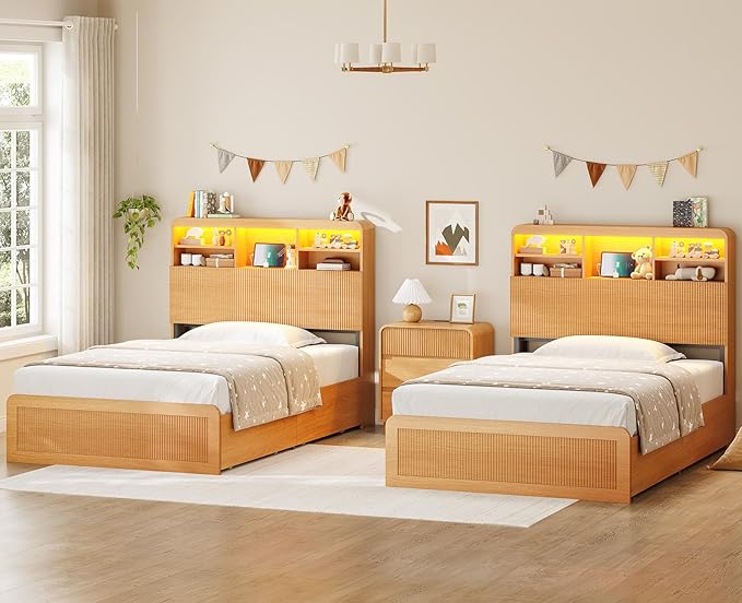 AOGLLATI Twin Bed Frames with 4 Storage Drawers and Hidden Storage Headboard, Wood Led Fluted Twin Bed with Charging Station and Curved Profile Design, No Box Spring Needed, Wood
