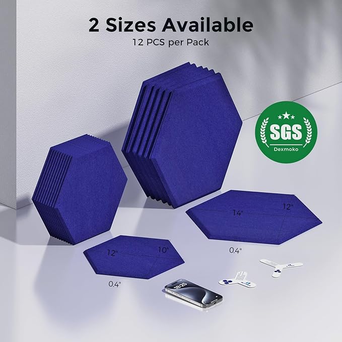 Self-Adhesive Acoustic Panels [390 lbs/yd³ Ultra-High Density], 2nd Generation Sound Absorbing Panel, Professional Level Sound Panel, Polyester Soundproof Foam [Size L, Navy Blue]