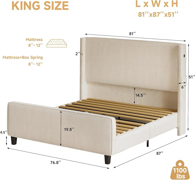 King Size Bed Frame and Headboard, Upholstered King Bed Frame with Tall Wingback Headboard & Footboard, USB Ports, Easy Assembly, Beige