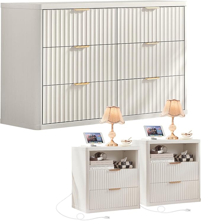 LEYAOYAO 48" Wide Fluted Dresser and 2 Drawers 23" Nightstand Set of 2, Wooden Dresser & Night Stand with Charging Station, 3 Piece Bedroom Furniture Set, Chest of Drawer for Living Room,Antique White
