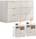LEYAOYAO 48" Wide Fluted Dresser and 2 Drawers 23" Nightstand Set of 2, Wooden Dresser & Night Stand with Charging Station, 3 Piece Bedroom Furniture Set, Chest of Drawer for Living Room,Antique White