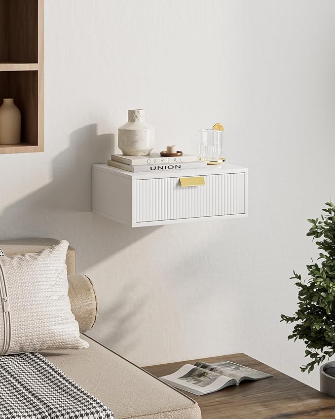 Floating Nightstand, Floating Shelf with Drawer, Wall Mounted Nightstand, Floating Bedside Table (White Stripe)
