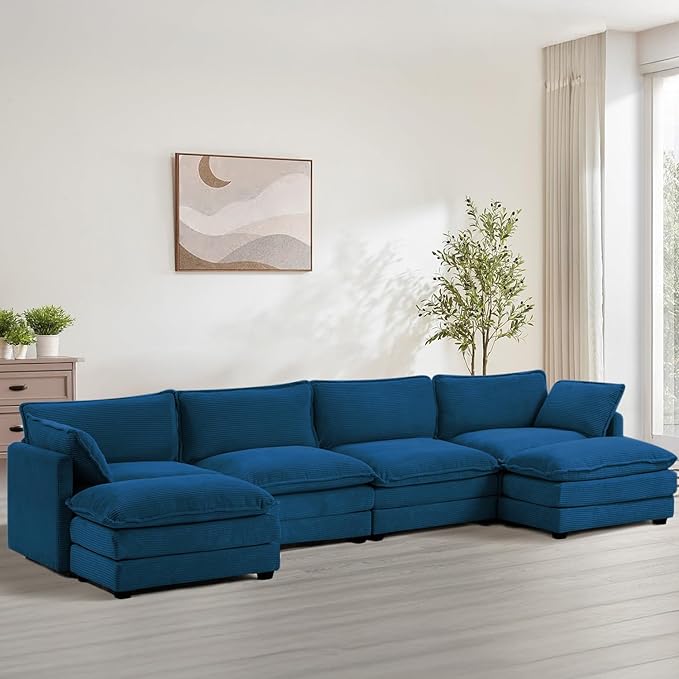 148'' Sectional Modular Cloud Couch, Oversized U Shaped 4 Seat Sofa with 2 Movable Ottomans, 2 Throw Pillows, Upholstered Corduroy U Shape Comfy Deep Couches for Living Room and Office, Blue